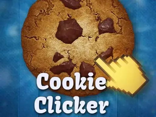 Imagem de um grande biscoito com pedaços de chocolate e uma mão clicando nele, com o título "Cookie Clicker" em letras brancas sobre fundo azul.